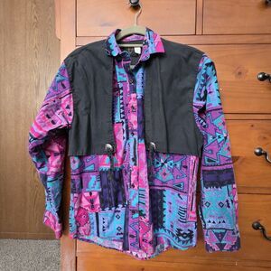 Frontier Series Shirt Size Medium Western Aztec Long Sleeve Attached Vest Blue